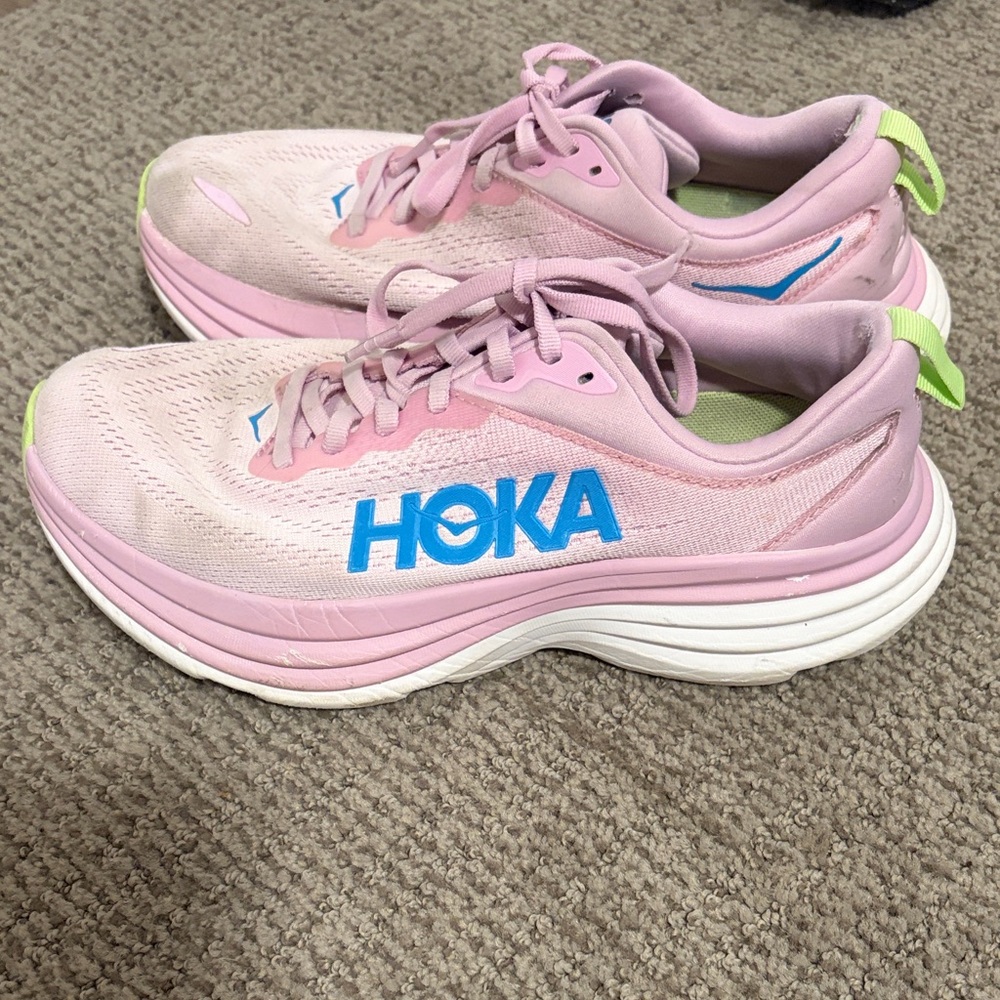 Hoka Bondi 8 Pink and White Athletic Sneakers